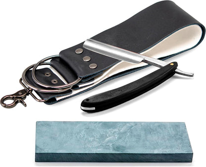 Straight Razor Shave Ready Handmade Sharpened, 420 Steel Straight Razor Blade, 2 Layers Long Leather Canvas Strop, Sharpening Stone,2 Side Grit 3000 Waterstone Knife Sharpener