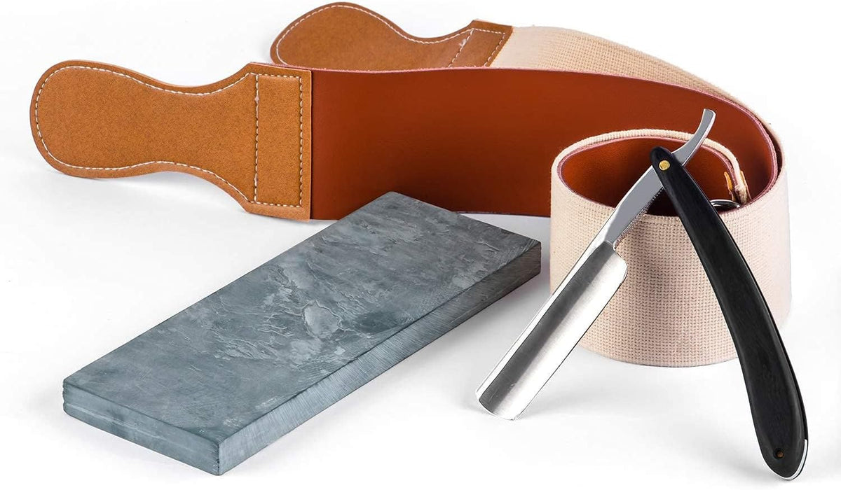 Straight Razor Shave Ready Handmade Sharpened, 420 Steel Straight Razor Blade, 2 Layers Long Leather Canvas Strop, Sharpening Stone,2 Side Grit 3000 Waterstone Knife Sharpener