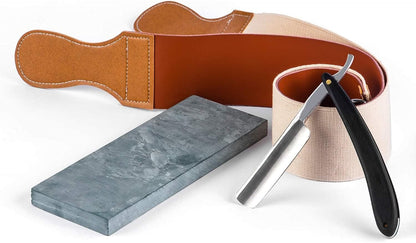 Straight Razor Shave Ready Handmade Sharpened, 420 Steel Straight Razor Blade, 2 Layers Long Leather Canvas Strop, Sharpening Stone,2 Side Grit 3000 Waterstone Knife Sharpener