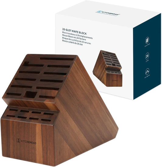 20 Slot Acacia Wood Knife Block without Knives, Universal Knife Holder for Kitchen, Holding Multiple Types of Knives, Countertop Butcher Block Knife Stand for Easy Kitchen Storage