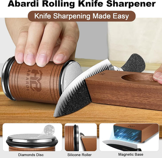 Rolling Knife Sharpener, Kitchen Tool Gifts for Men (Walnut) | Diamond Sharpening, 15°& 20° Magnetic Angles, Sharpeners Kit, Kitchen Gadgets Birthday Gifts for Men Dad Husband Fathers
