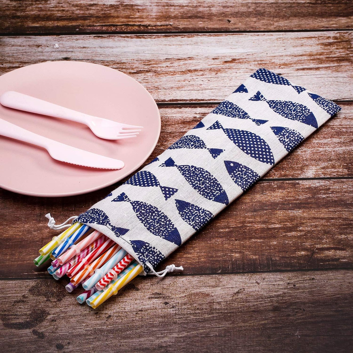5 Pack Straw Carrying Case Pouch Kit 11.7 x 3.9 Inch Reusable Cutlery Pouch Portable Canvas Utensil Travel Case Bag for Straws Knife Fork Spoon Chopsticks Stainless Steel Glass Silicone