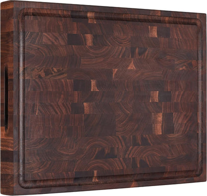 Large End Grain Walnut Wood Cutting Board 17x13x1.5 in Thick Butcher Block for Kitchen with Non-slip Mats Juice Groove & Handles (Gift Box)