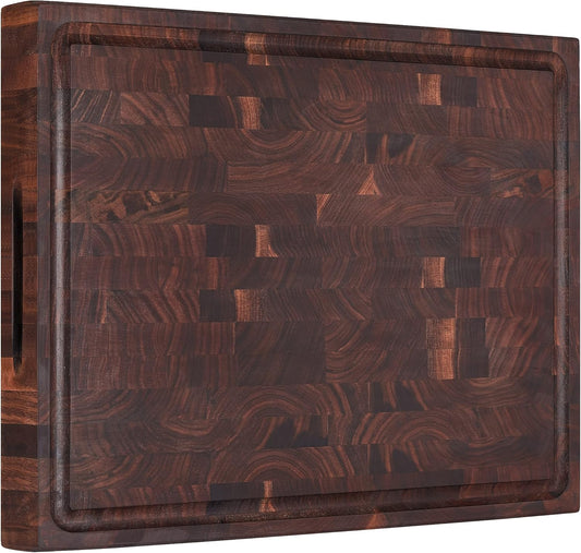 Large End Grain Walnut Wood Cutting Board 17x13x1.5 in Thick Butcher Block for Kitchen with Non-slip Mats Juice Groove & Handles (Gift Box)
