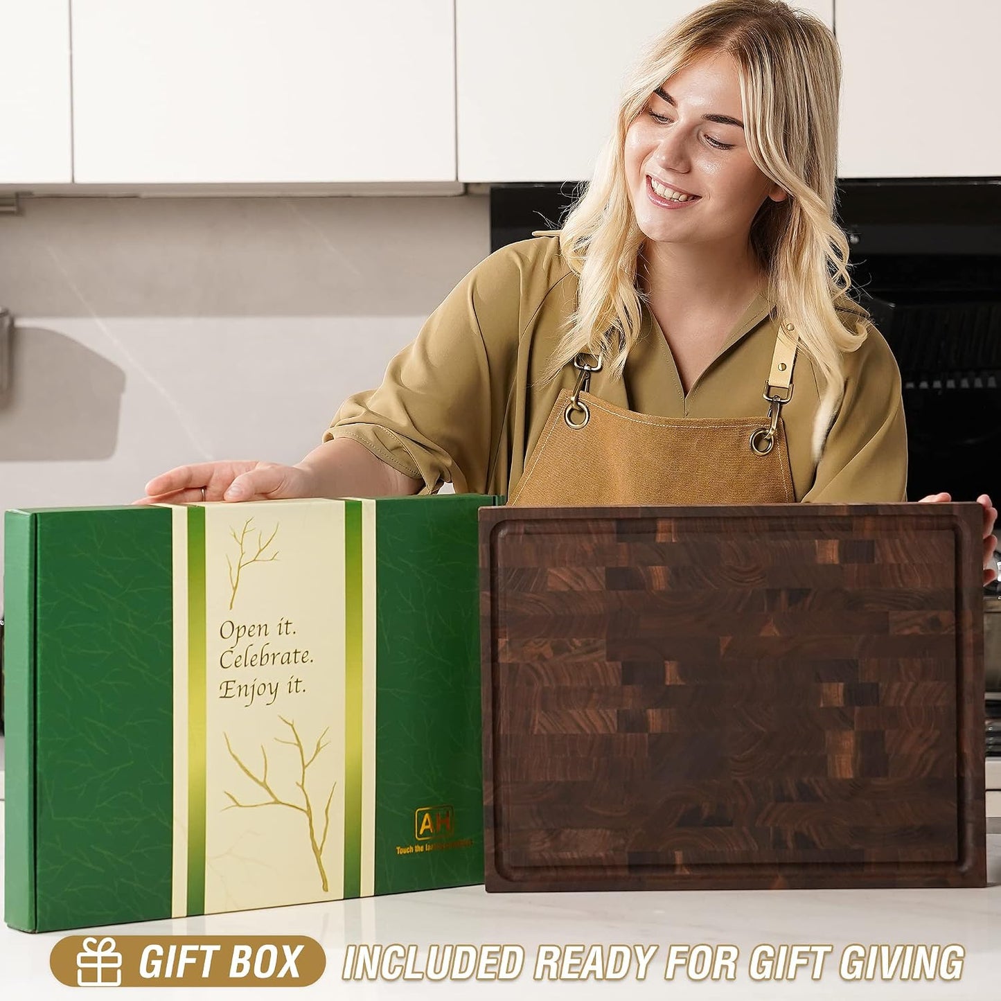 Large End Grain Walnut Wood Cutting Board 17x13x1.5 in Thick Butcher Block for Kitchen with Non-slip Mats Juice Groove & Handles (Gift Box)
