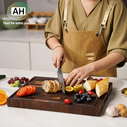 Large End Grain Walnut Wood Cutting Board 17x13x1.5 in Thick Butcher Block for Kitchen with Non-slip Mats Juice Groove & Handles (Gift Box)