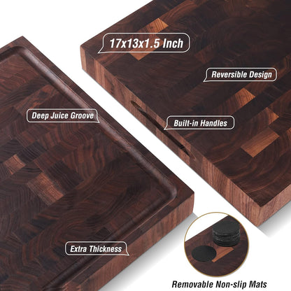 Large End Grain Walnut Wood Cutting Board 17x13x1.5 in Thick Butcher Block for Kitchen with Non-slip Mats Juice Groove & Handles (Gift Box)