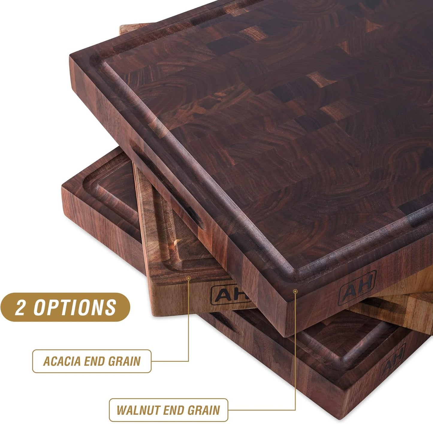 Large End Grain Walnut Wood Cutting Board 17x13x1.5 in Thick Butcher Block for Kitchen with Non-slip Mats Juice Groove & Handles (Gift Box)