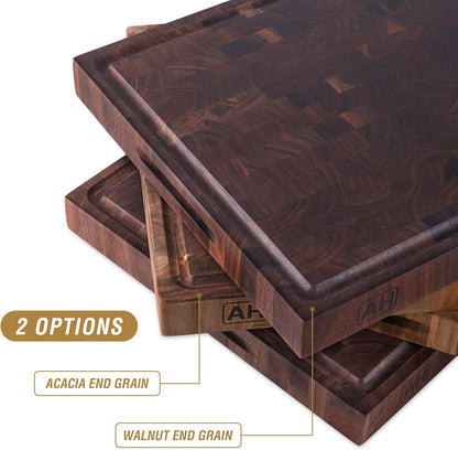 Large End Grain Walnut Wood Cutting Board 17x13x1.5 in Thick Butcher Block for Kitchen with Non-slip Mats Juice Groove & Handles (Gift Box)