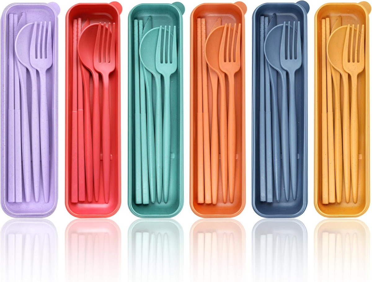 Reusable Utensils Set with Case, 6 Sets Travel Utensils with Case, Wheat Straw Portable Cutlery Set Chopsticks Knives Fork and Spoon for Lunch Box Accessories