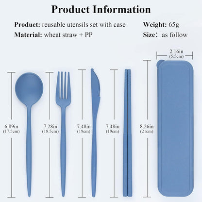 Reusable Utensils Set with Case, 6 Sets Travel Utensils with Case, Wheat Straw Portable Cutlery Set Chopsticks Knives Fork and Spoon for Lunch Box Accessories