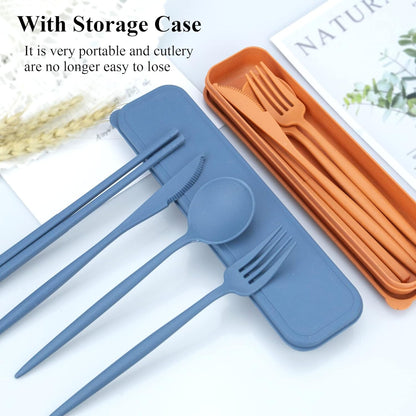 Reusable Utensils Set with Case, 6 Sets Travel Utensils with Case, Wheat Straw Portable Cutlery Set Chopsticks Knives Fork and Spoon for Lunch Box Accessories