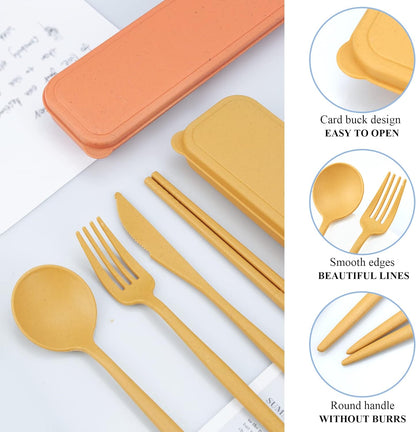 Reusable Utensils Set with Case, 6 Sets Travel Utensils with Case, Wheat Straw Portable Cutlery Set Chopsticks Knives Fork and Spoon for Lunch Box Accessories