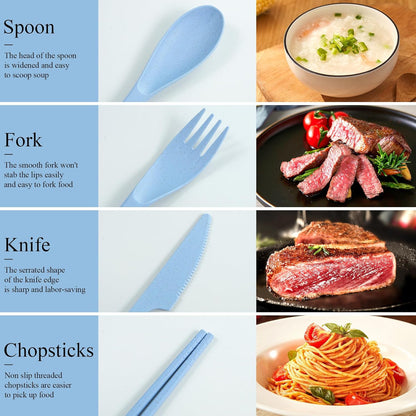 Reusable Utensils Set with Case, 6 Sets Travel Utensils with Case, Wheat Straw Portable Cutlery Set Chopsticks Knives Fork and Spoon for Lunch Box Accessories