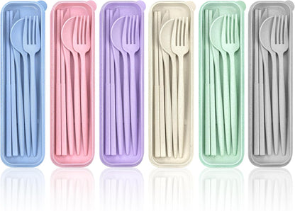 Reusable Utensils Set with Case, 6 Sets Travel Utensils with Case, Wheat Straw Portable Cutlery Set Chopsticks Knives Fork and Spoon for Lunch Box Accessories