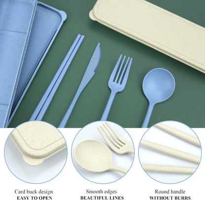 Reusable Utensils Set with Case, 6 Sets Travel Utensils with Case, Wheat Straw Portable Cutlery Set Chopsticks Knives Fork and Spoon for Lunch Box Accessories