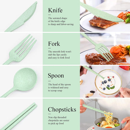 Reusable Utensils Set with Case, 6 Sets Travel Utensils with Case, Wheat Straw Portable Cutlery Set Chopsticks Knives Fork and Spoon for Lunch Box Accessories