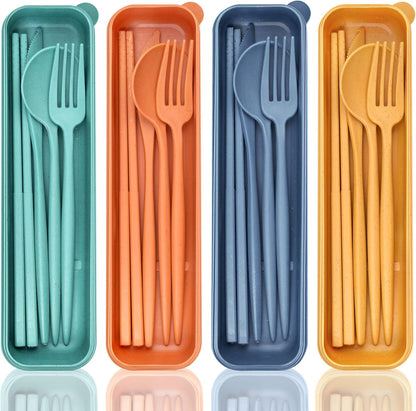 Reusable Utensils Set with Case, 6 Sets Travel Utensils with Case, Wheat Straw Portable Cutlery Set Chopsticks Knives Fork and Spoon for Lunch Box Accessories