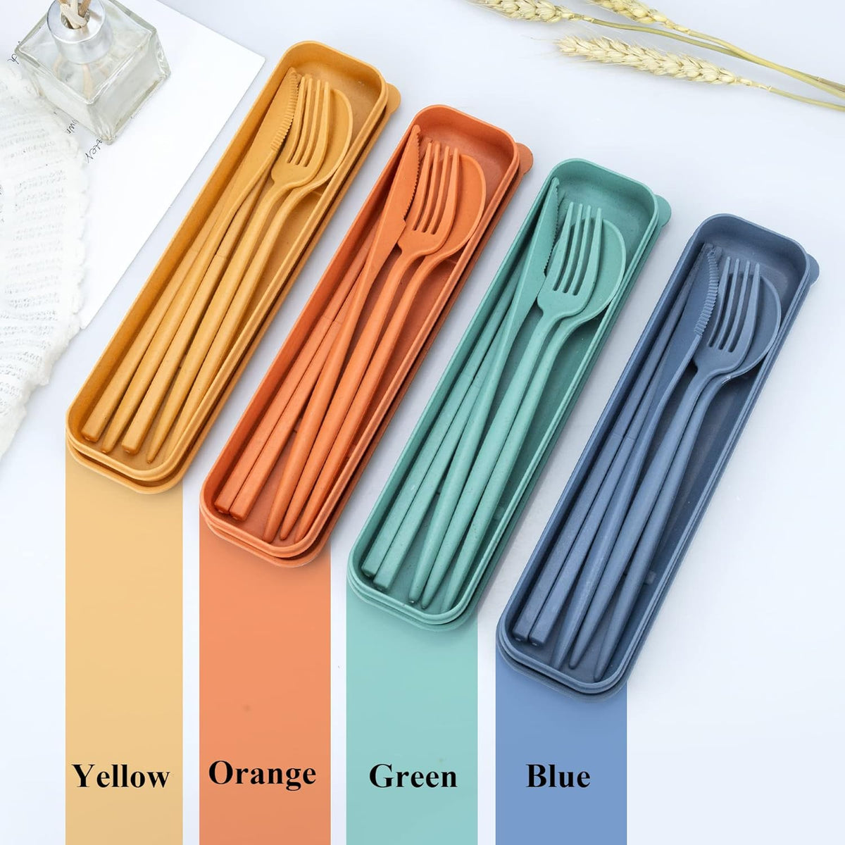 Reusable Utensils Set with Case, 6 Sets Travel Utensils with Case, Wheat Straw Portable Cutlery Set Chopsticks Knives Fork and Spoon for Lunch Box Accessories