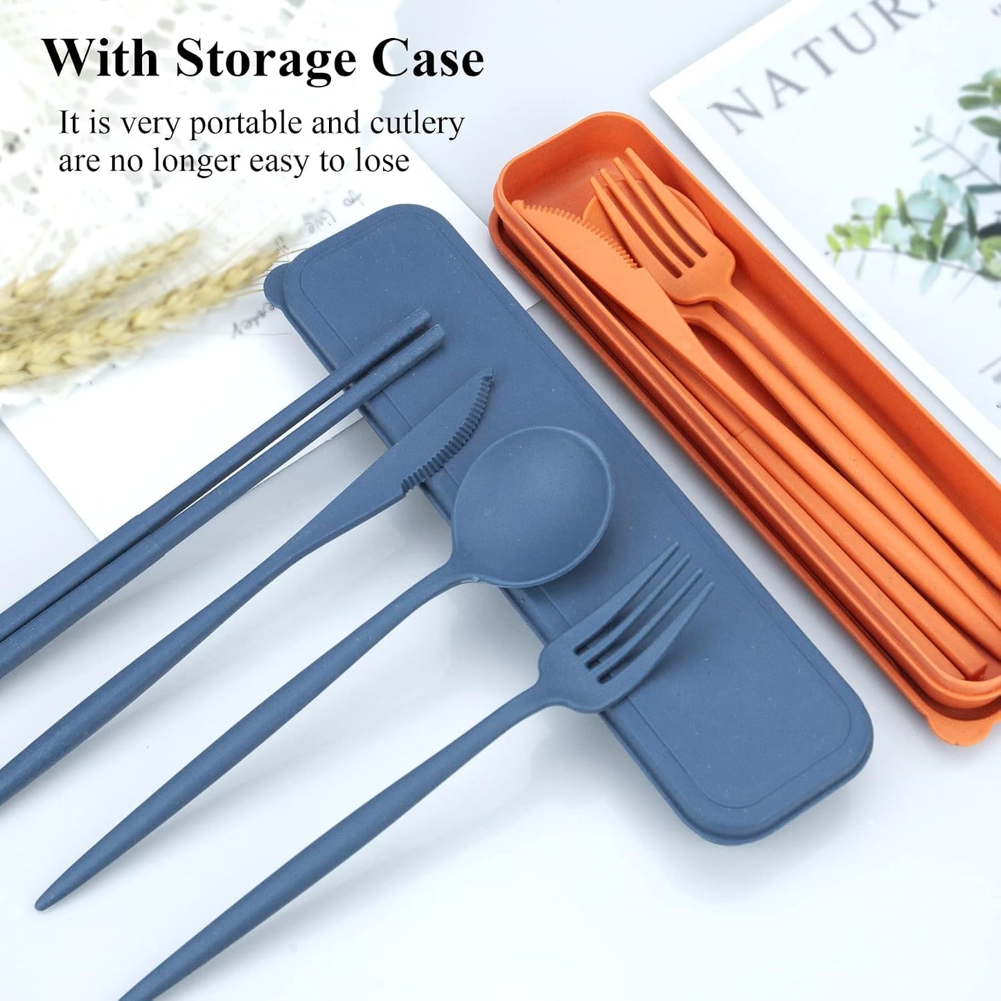 Reusable Utensils Set with Case, 6 Sets Travel Utensils with Case, Wheat Straw Portable Cutlery Set Chopsticks Knives Fork and Spoon for Lunch Box Accessories
