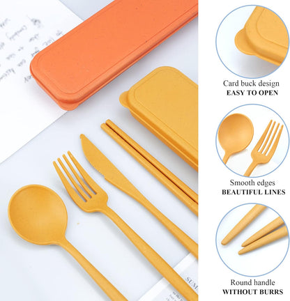 Reusable Utensils Set with Case, 6 Sets Travel Utensils with Case, Wheat Straw Portable Cutlery Set Chopsticks Knives Fork and Spoon for Lunch Box Accessories