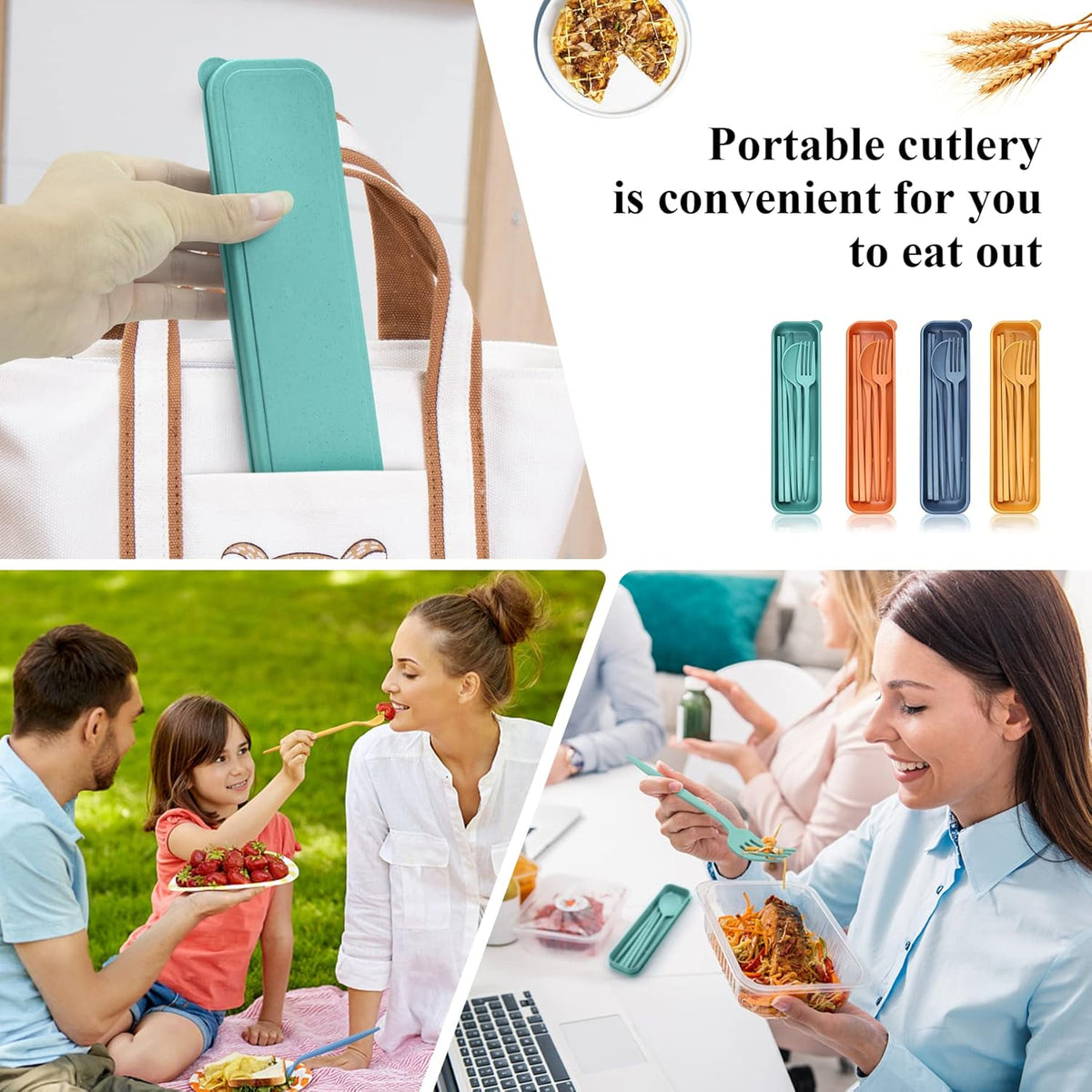 Reusable Utensils Set with Case, 6 Sets Travel Utensils with Case, Wheat Straw Portable Cutlery Set Chopsticks Knives Fork and Spoon for Lunch Box Accessories