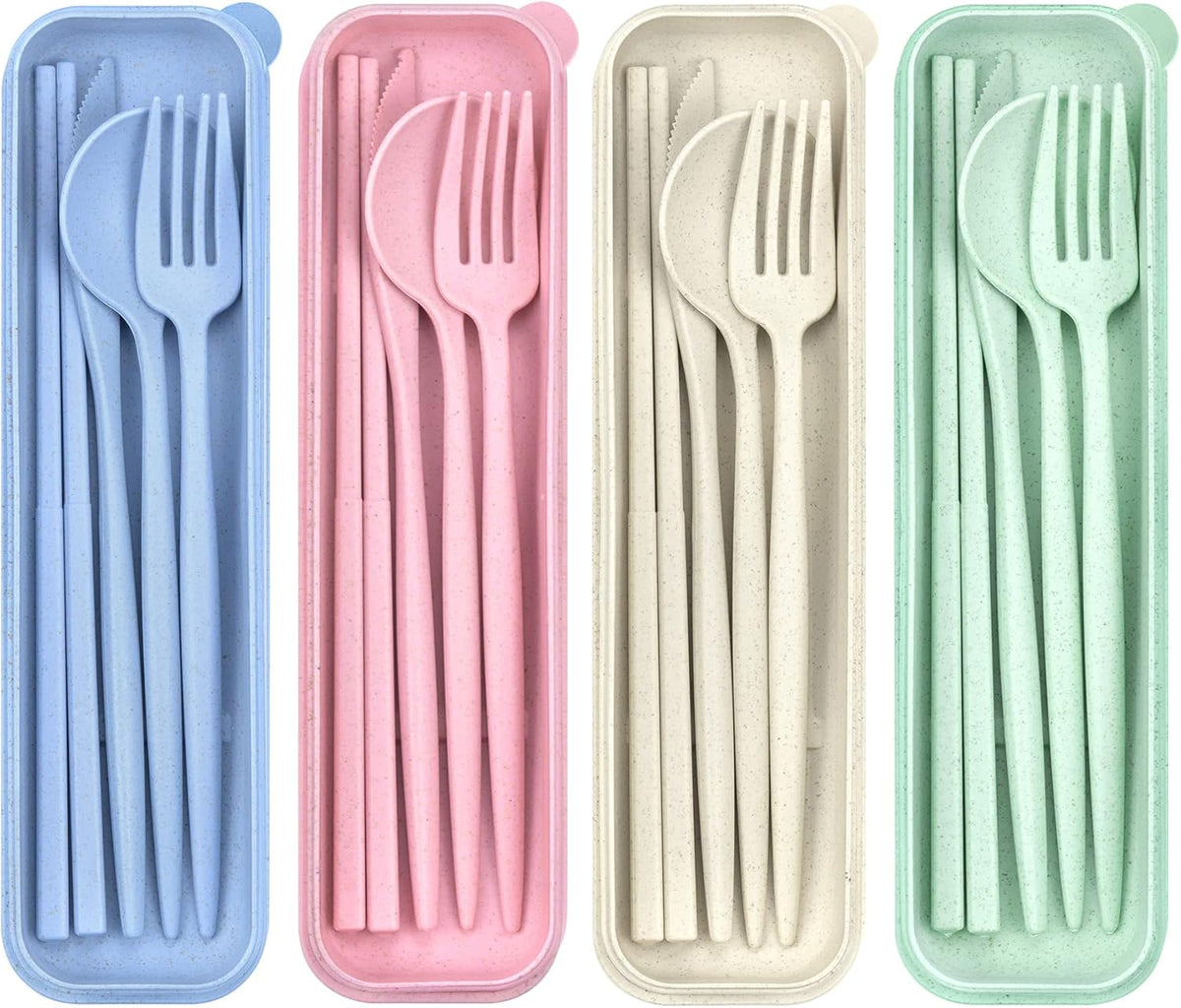 Reusable Utensils Set with Case, 6 Sets Travel Utensils with Case, Wheat Straw Portable Cutlery Set Chopsticks Knives Fork and Spoon for Lunch Box Accessories