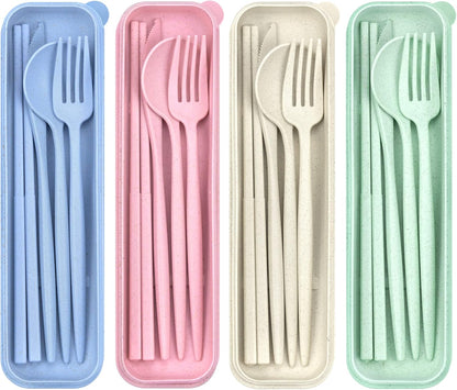 Reusable Utensils Set with Case, 6 Sets Travel Utensils with Case, Wheat Straw Portable Cutlery Set Chopsticks Knives Fork and Spoon for Lunch Box Accessories