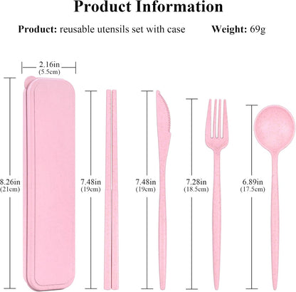 Reusable Utensils Set with Case, 6 Sets Travel Utensils with Case, Wheat Straw Portable Cutlery Set Chopsticks Knives Fork and Spoon for Lunch Box Accessories