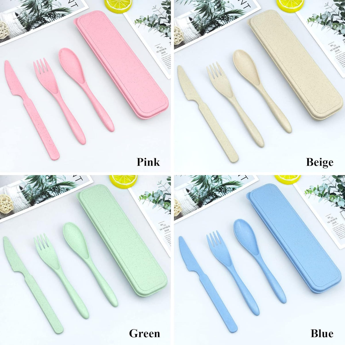 Reusable Utensils Set with Case, 6 Sets Travel Utensils with Case, Wheat Straw Portable Cutlery Set Chopsticks Knives Fork and Spoon for Lunch Box Accessories