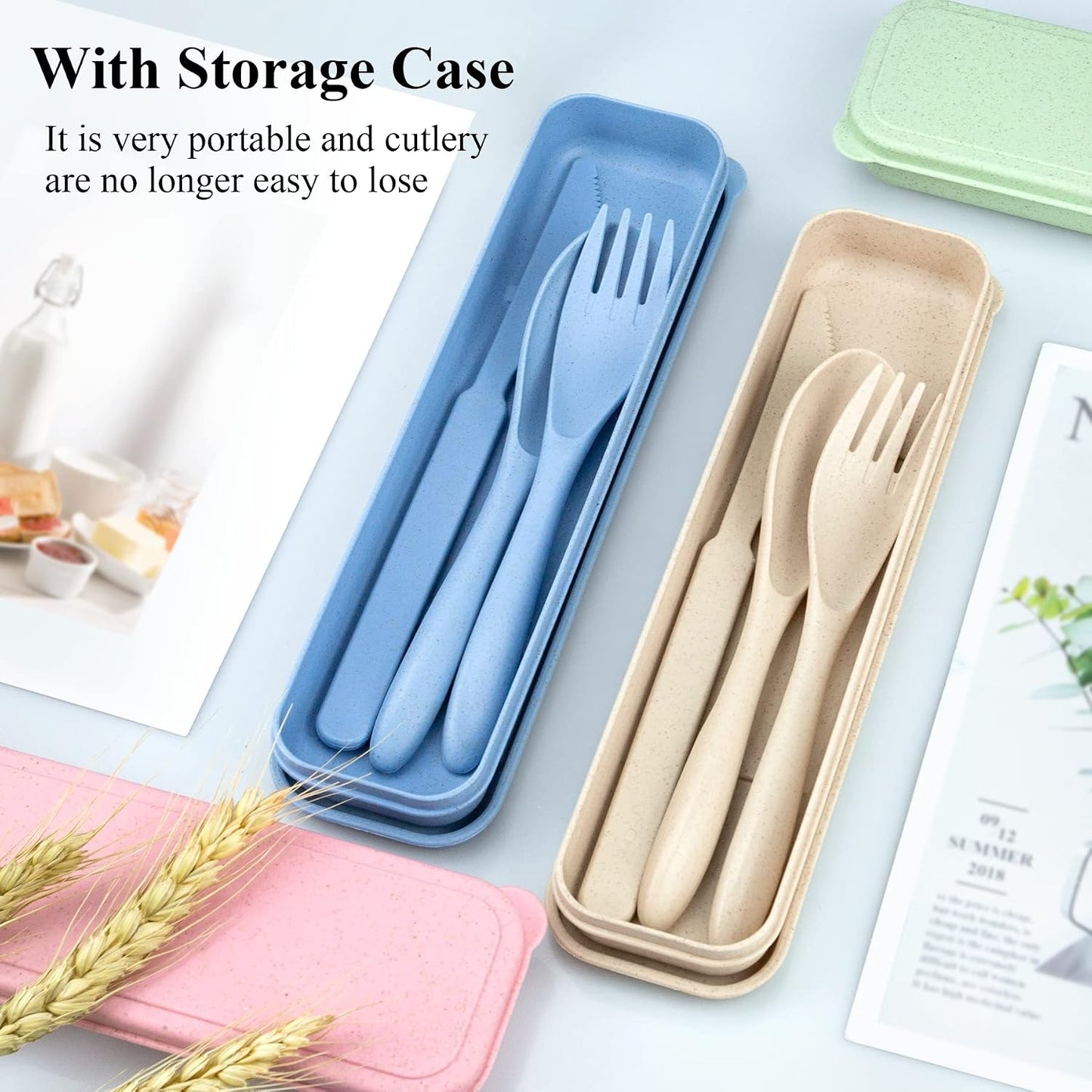 Reusable Utensils Set with Case, 6 Sets Travel Utensils with Case, Wheat Straw Portable Cutlery Set Chopsticks Knives Fork and Spoon for Lunch Box Accessories