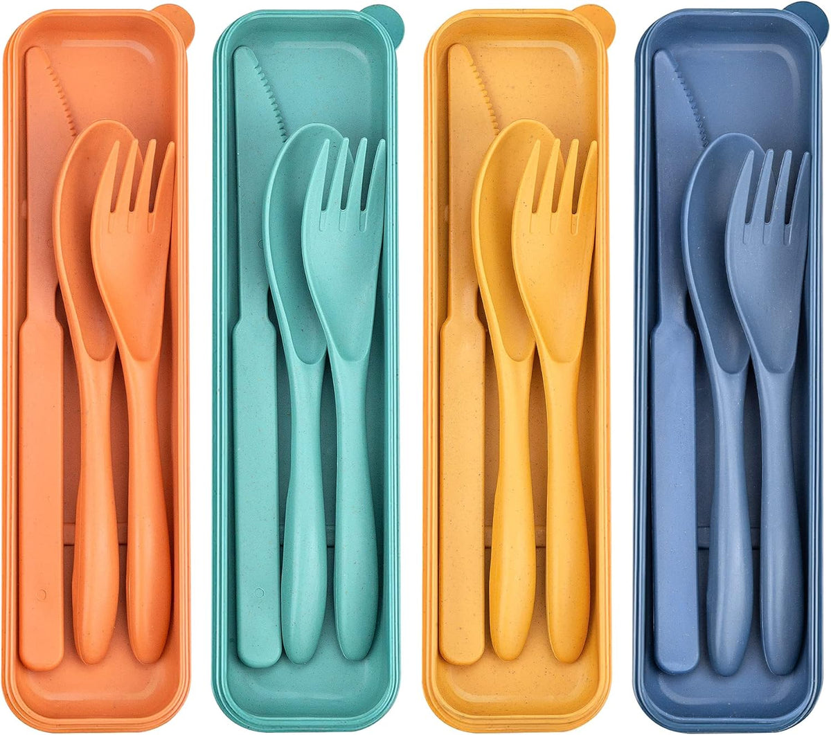Reusable Utensils Set with Case, 6 Sets Travel Utensils with Case, Wheat Straw Portable Cutlery Set Chopsticks Knives Fork and Spoon for Lunch Box Accessories
