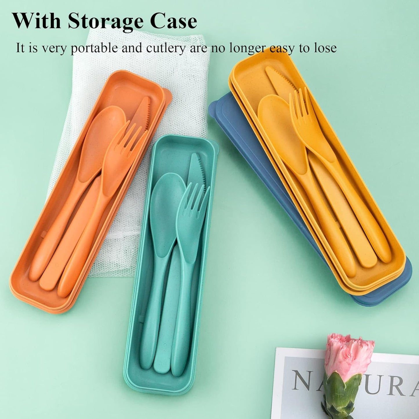 Reusable Utensils Set with Case, 6 Sets Travel Utensils with Case, Wheat Straw Portable Cutlery Set Chopsticks Knives Fork and Spoon for Lunch Box Accessories