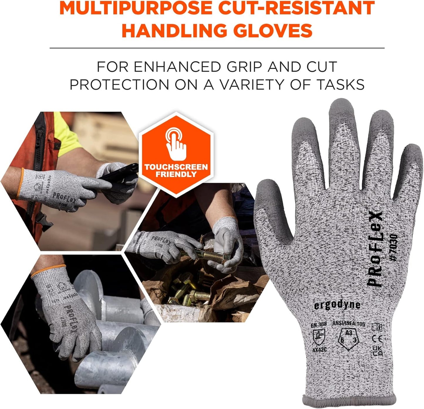 ProFlex 7030 Cut Resistant Work Gloves, ANSI A3, PU Coated Palms for Flexible No Slip Grip, Abrasion Resistant, 13g, Gray, Medium