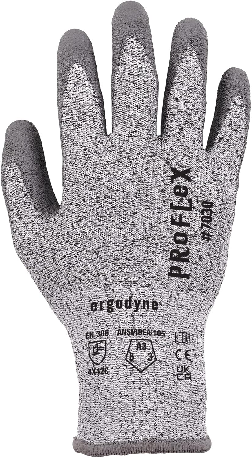 ProFlex 7030 Cut Resistant Work Gloves, ANSI A3, PU Coated Palms for Flexible No Slip Grip, Abrasion Resistant, 13g, Gray, Medium