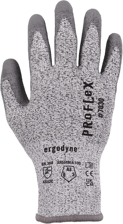 ProFlex 7030 Cut Resistant Work Gloves, ANSI A3, PU Coated Palms for Flexible No Slip Grip, Abrasion Resistant, 13g, Gray, Medium