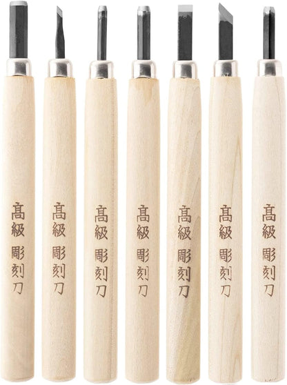 Japanese Wood Carving Tools Set for Beginners (7 Pcs) Made in JAPAN, Wood Carving Knife for Woodblock Printing, Woodcut Printmaking, Linoleum Carving, Linocut