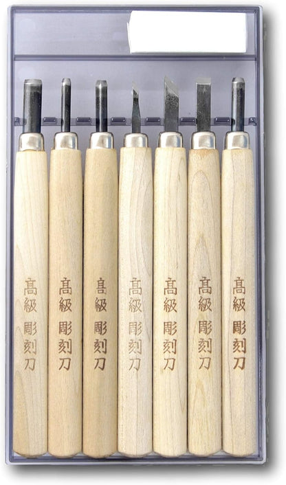 Japanese Wood Carving Tools Set for Beginners (7 Pcs) Made in JAPAN, Wood Carving Knife for Woodblock Printing, Woodcut Printmaking, Linoleum Carving, Linocut