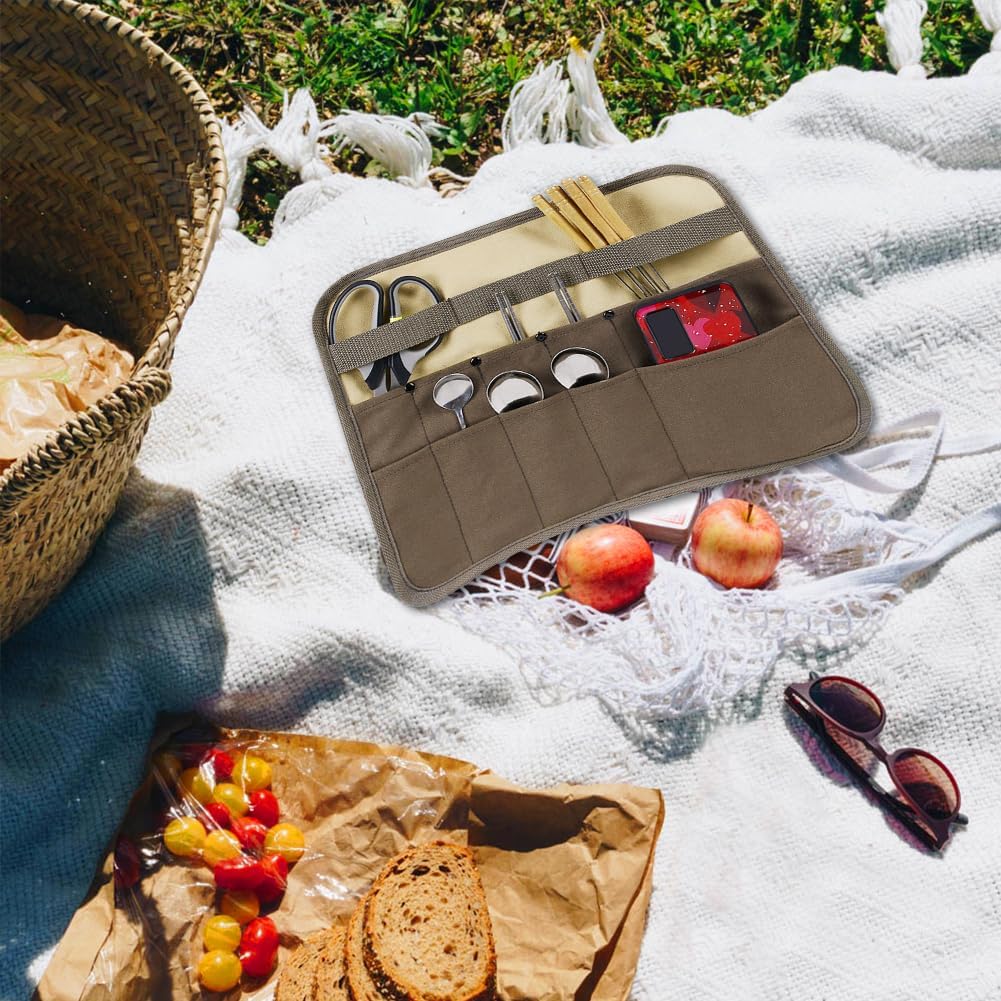 Camping Tableware Organize Bag, Knife Roll Cookware Set Canvas Storage Portable Hanging Picnic Cutlery Tablewares Storages Hang Out Equipment Hygiene Lightweight for Outdoor Barbecue Activities