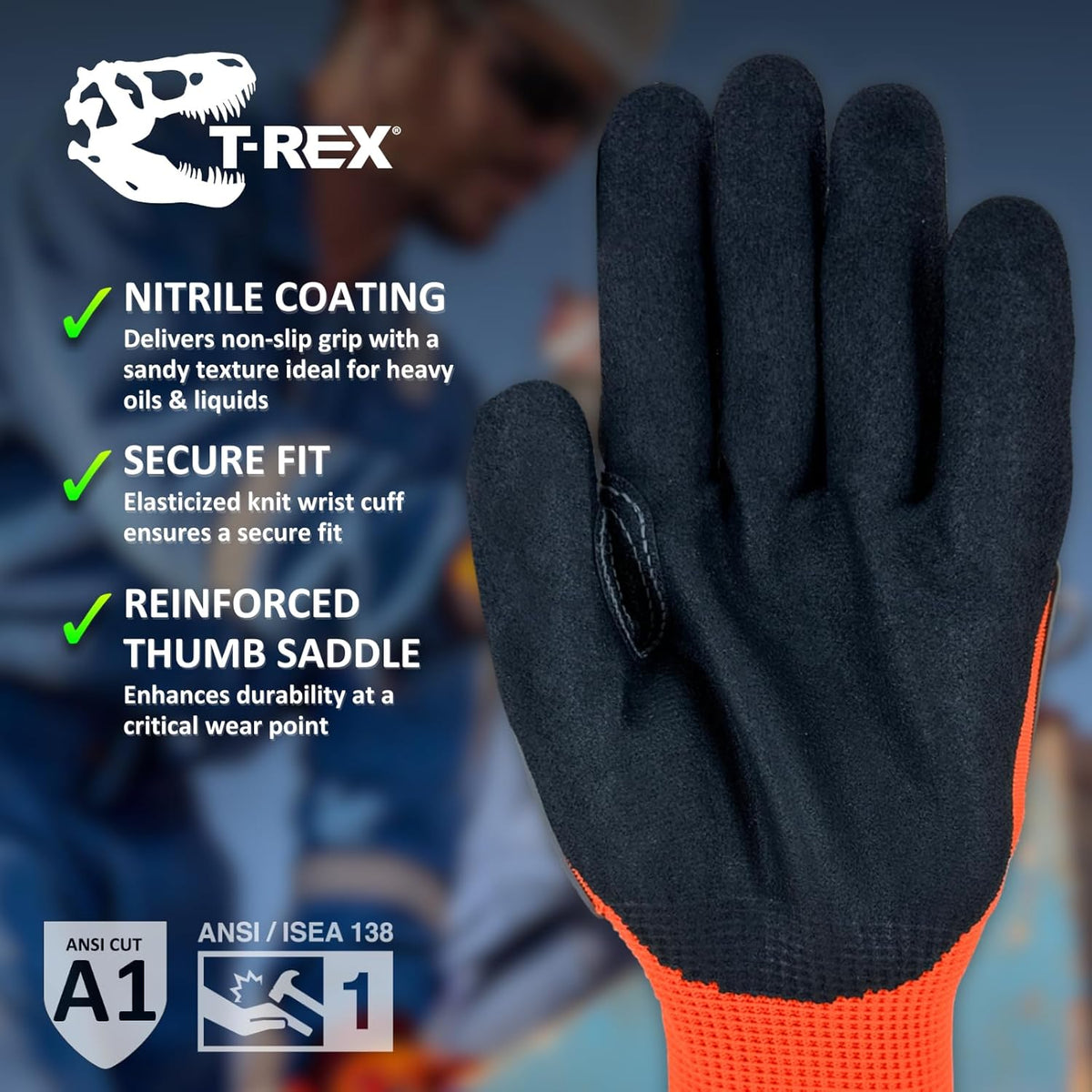 Magid T-REX TRX400 Impact Gloves, Sandy Nitrile, 1 Pair, Size 9/Large