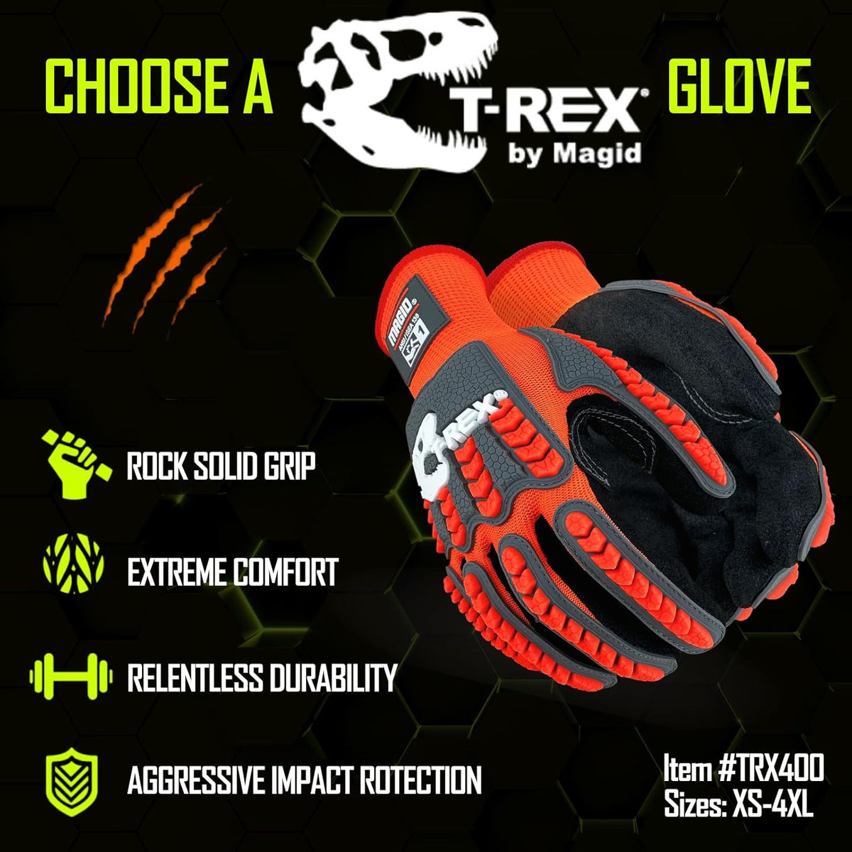 Magid T-REX TRX400 Impact Gloves, Sandy Nitrile, 1 Pair, Size 9/Large