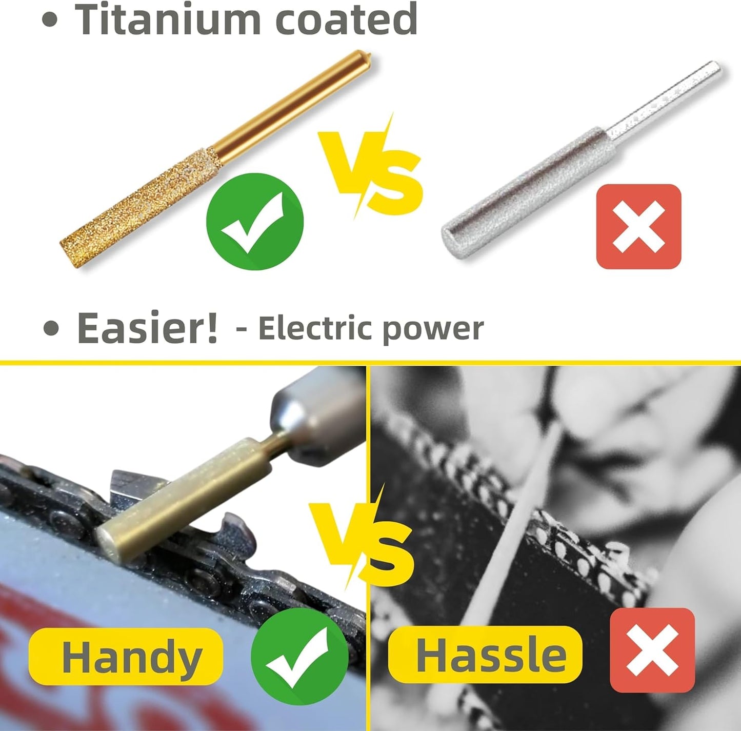 Electric Chainsaw Sharpener Kit with 6 Titanium-Coated Diamond Bits - Handheld Chain Saw Sharpener Tool for All Chains - No Removal Required, Easy and Fast Chainsaw Sharpening Kit