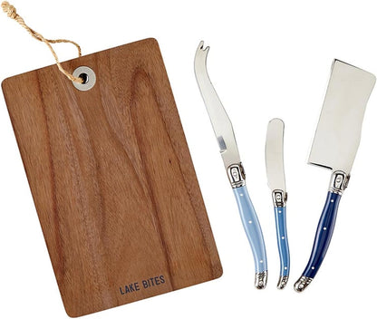 Charcuterie Essentials Cheese Knives and Board Set Cardboard Book Gift Box, 4-Piece, Good Food Lake Mood