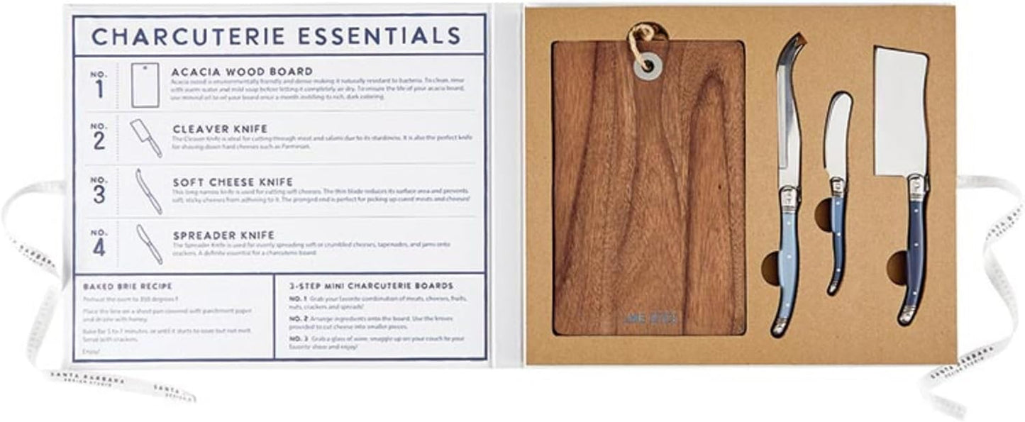 Charcuterie Essentials Cheese Knives and Board Set Cardboard Book Gift Box, 4-Piece, Good Food Lake Mood