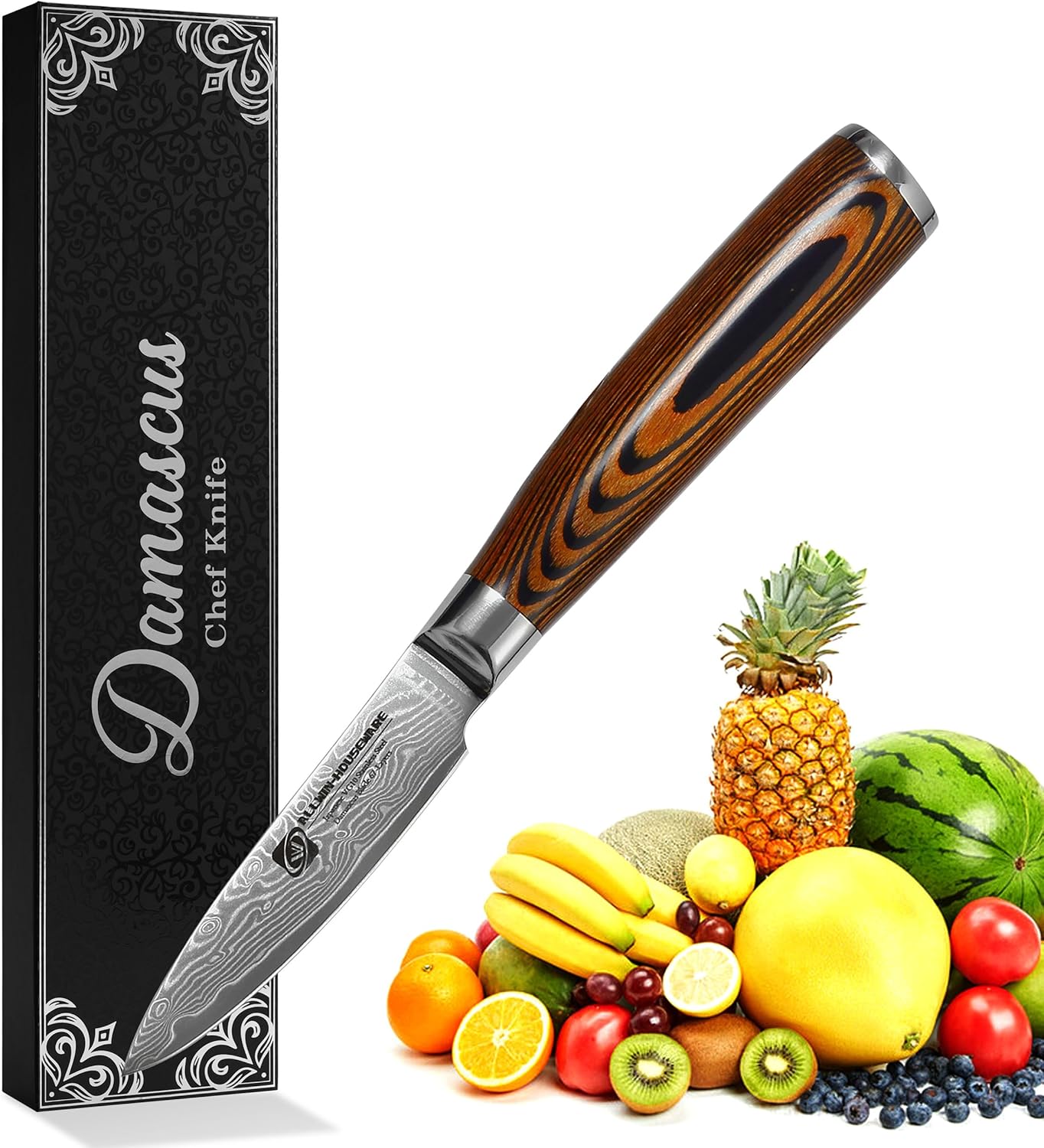 3.5-Inch Damascus Paring Kitchen Knife, VG10 Steel Core, Pakkawood Handle | 12-degree Edge for Peeling, Coring, Garnishing and Fine Fruit or Vegetable Prep; 67-layer Cladding and Gift Box Included