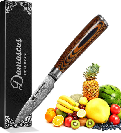 3.5-Inch Damascus Paring Kitchen Knife, VG10 Steel Core, Pakkawood Handle | 12-degree Edge for Peeling, Coring, Garnishing and Fine Fruit or Vegetable Prep; 67-layer Cladding and Gift Box Included