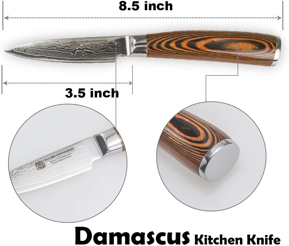3.5-Inch Damascus Paring Kitchen Knife, VG10 Steel Core, Pakkawood Handle | 12-degree Edge for Peeling, Coring, Garnishing and Fine Fruit or Vegetable Prep; 67-layer Cladding and Gift Box Included