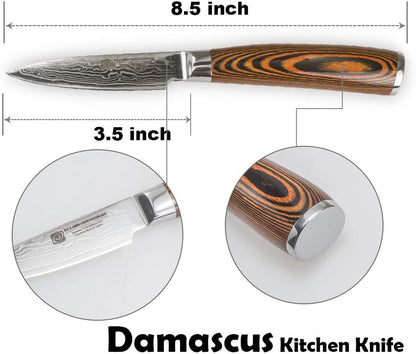 3.5-Inch Damascus Paring Kitchen Knife, VG10 Steel Core, Pakkawood Handle | 12-degree Edge for Peeling, Coring, Garnishing and Fine Fruit or Vegetable Prep; 67-layer Cladding and Gift Box Included