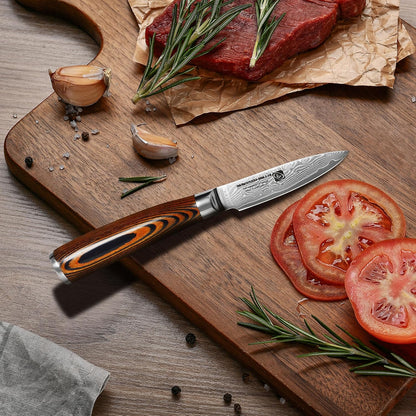 3.5-Inch Damascus Paring Kitchen Knife, VG10 Steel Core, Pakkawood Handle | 12-degree Edge for Peeling, Coring, Garnishing and Fine Fruit or Vegetable Prep; 67-layer Cladding and Gift Box Included