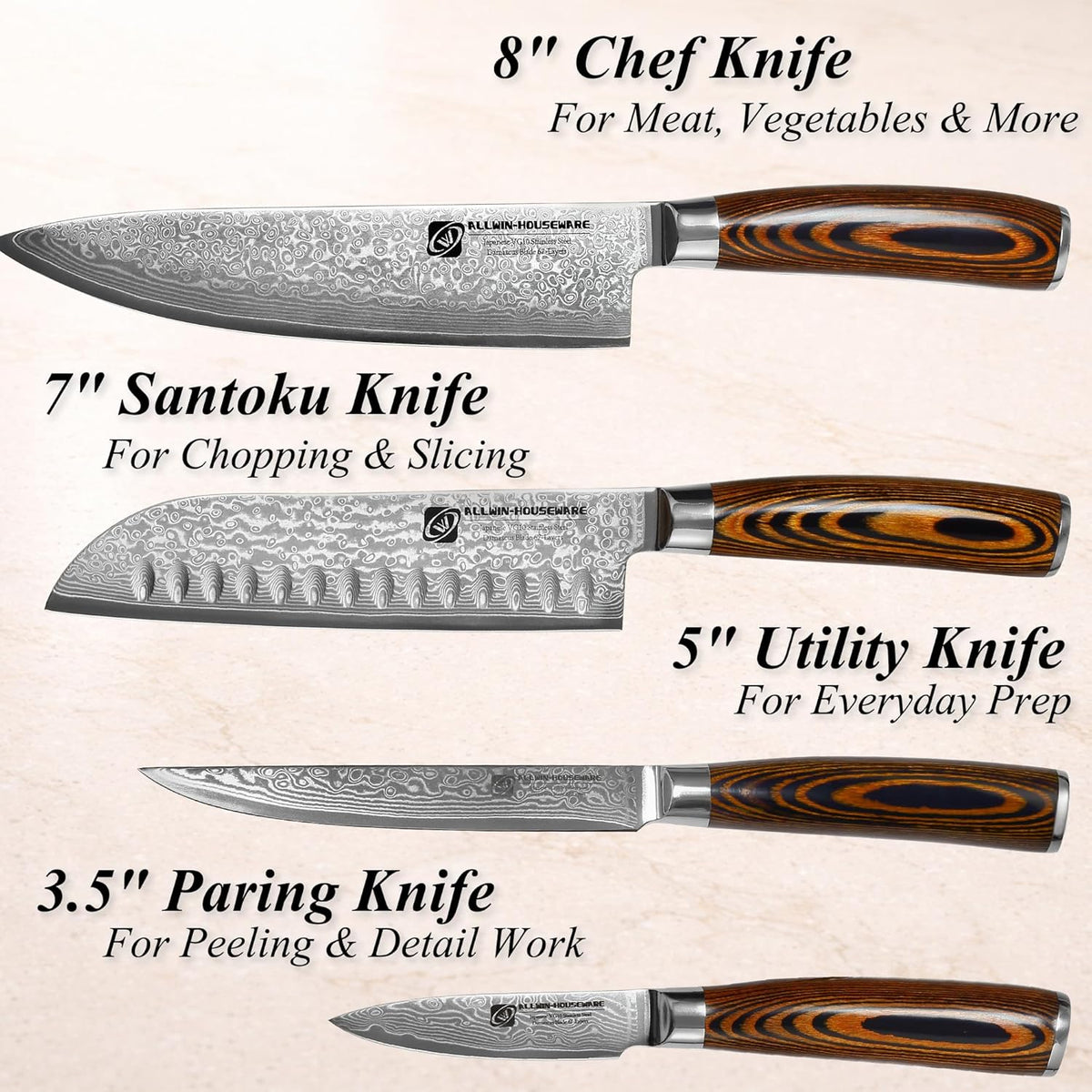 3.5-Inch Damascus Paring Kitchen Knife, VG10 Steel Core, Pakkawood Handle | 12-degree Edge for Peeling, Coring, Garnishing and Fine Fruit or Vegetable Prep; 67-layer Cladding and Gift Box Included